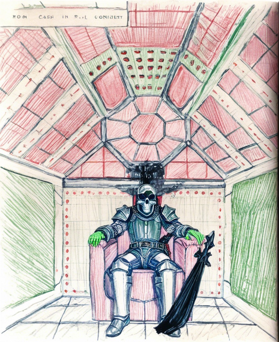 Futuristic Armored Figure in Whimsical Setting