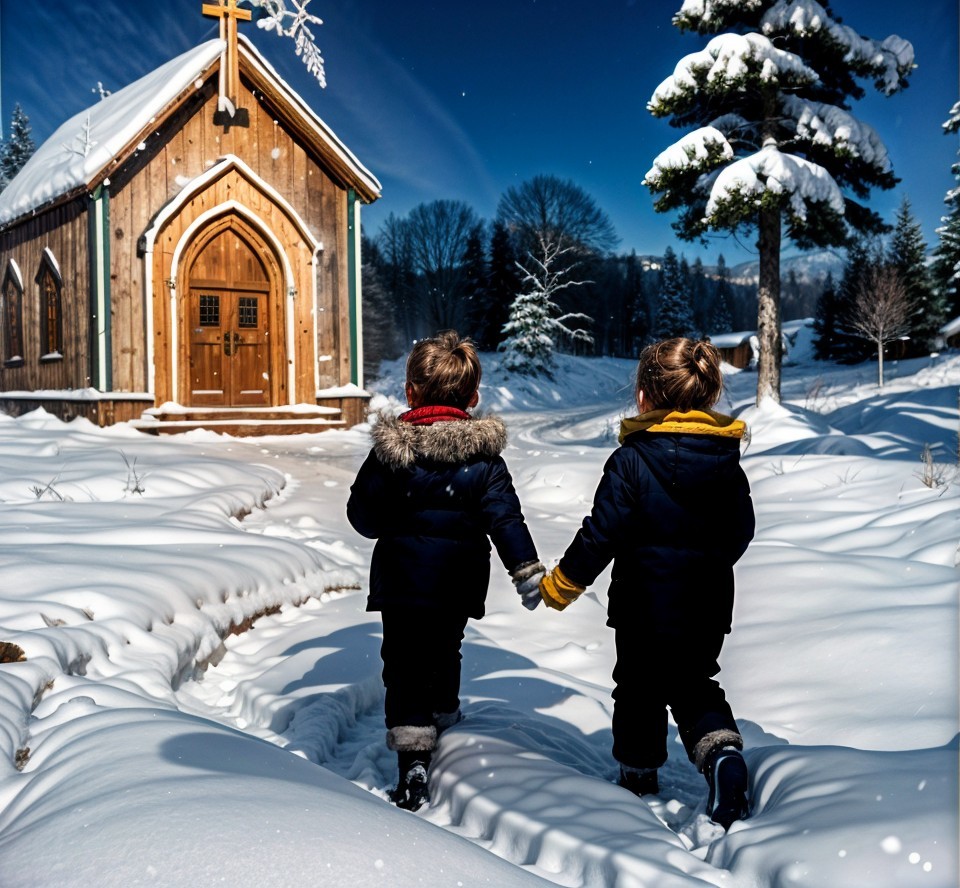 Children Walking on Snowy Path to Wooden Chapel
