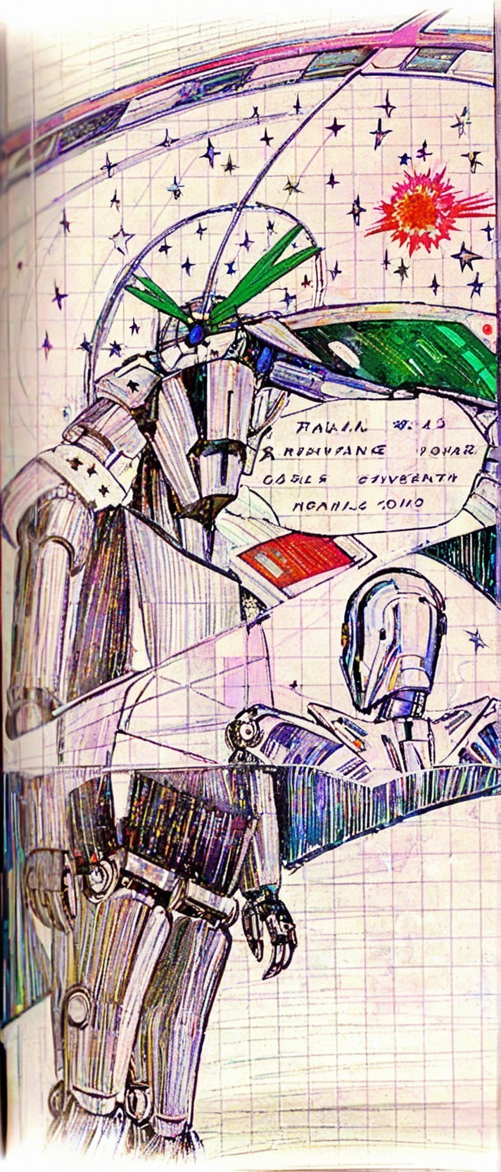 Vibrant Hand-Drawn Sci-Fi Scene with Robots