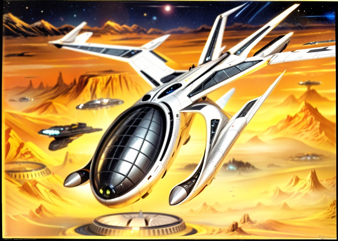 Futuristic Spaceship Over Golden Alien Landscape