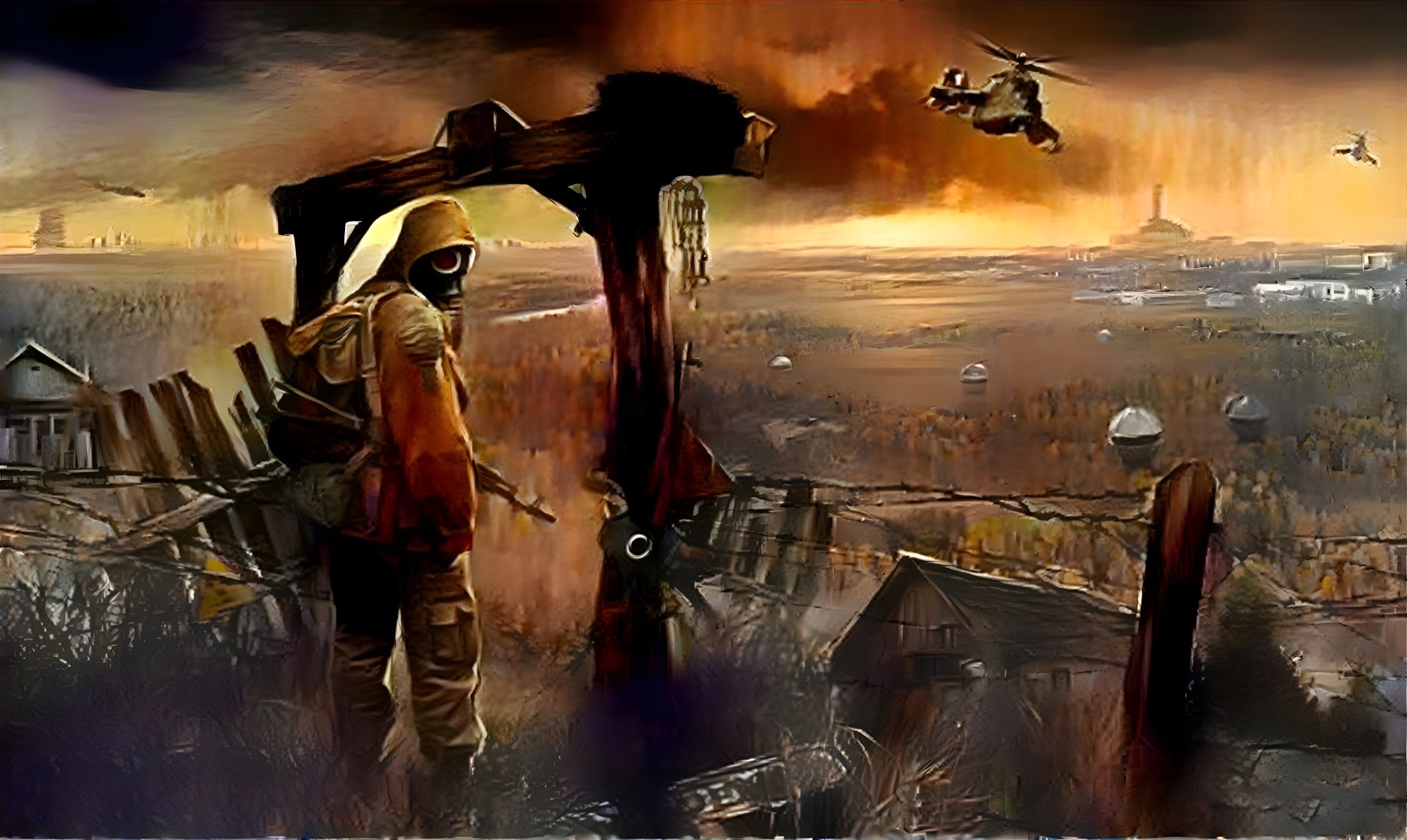 Desolate Landscape with Gas Masked Figure and Ruins