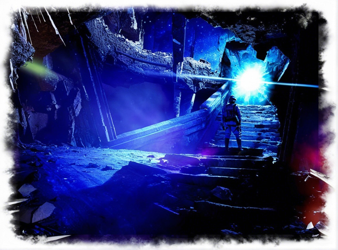 Lone Figure at Crumbling Staircase with Blue Light