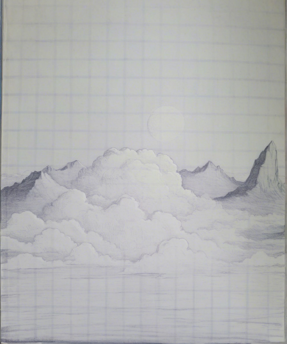 Pencil Drawing of Mountains and Tranquil Sea Landscape