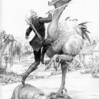 Surreal Artwork of Man and Giant Rooster Confrontation