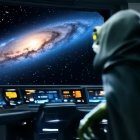 Alien in Futuristic Spaceship Control Room with Galaxy View