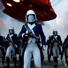Futuristic soldiers in blue uniforms with spacecraft backdrop