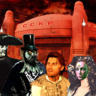 Vibrant Sci-Fi Scene with Red Spacecraft and Figures