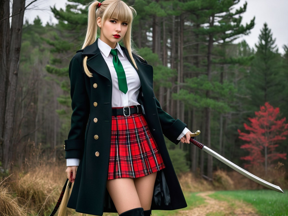 Confident Figure in Forest with Stylish Outfit and Sword