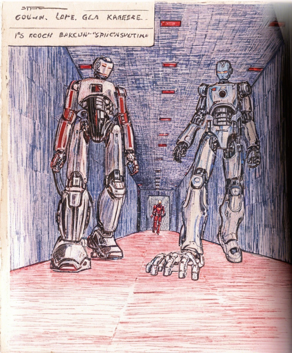 Futuristic Corridor with Humanoid Robots and Textured Walls