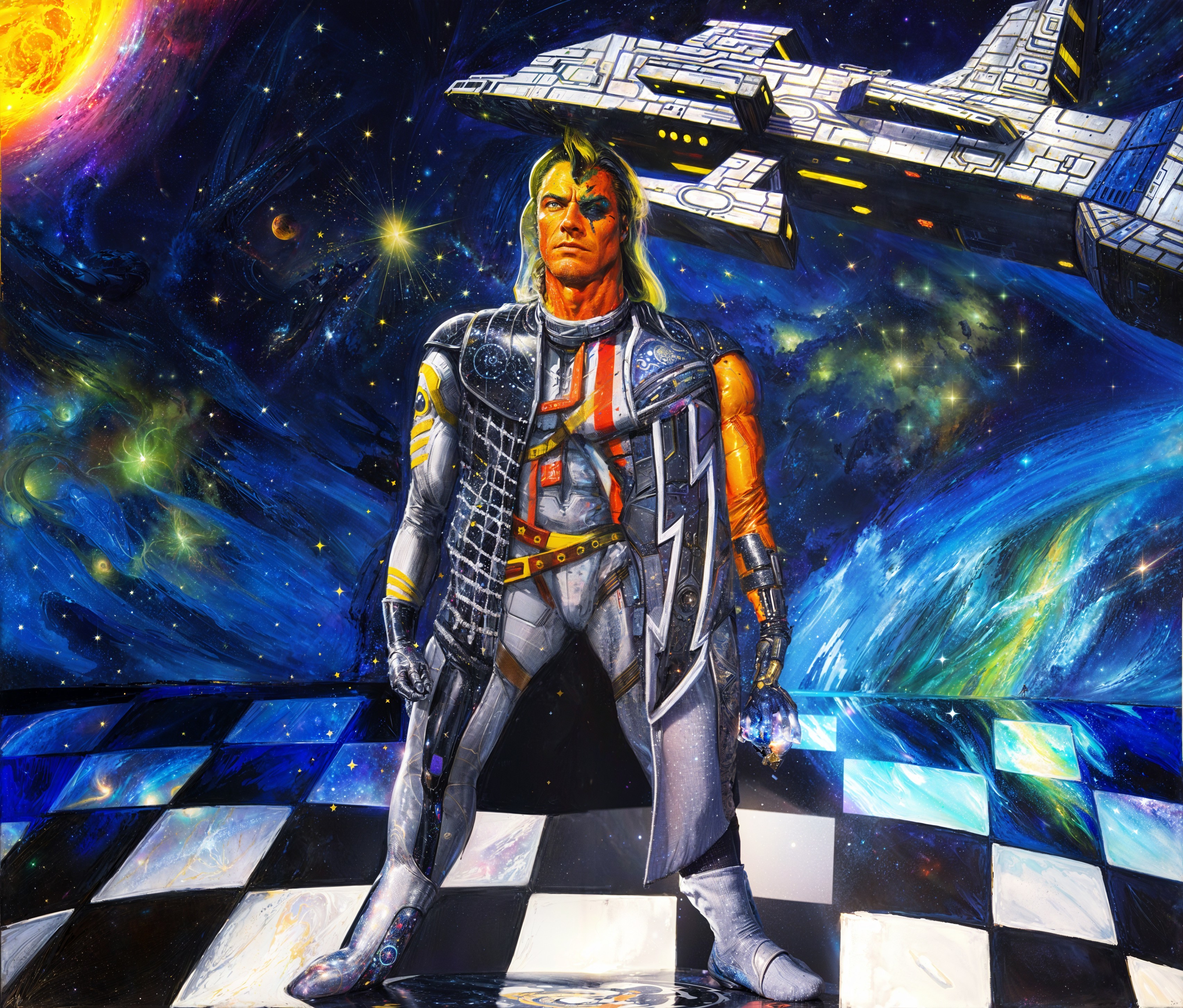Retro-Futuristic Male Figure on Checkerboard Floor