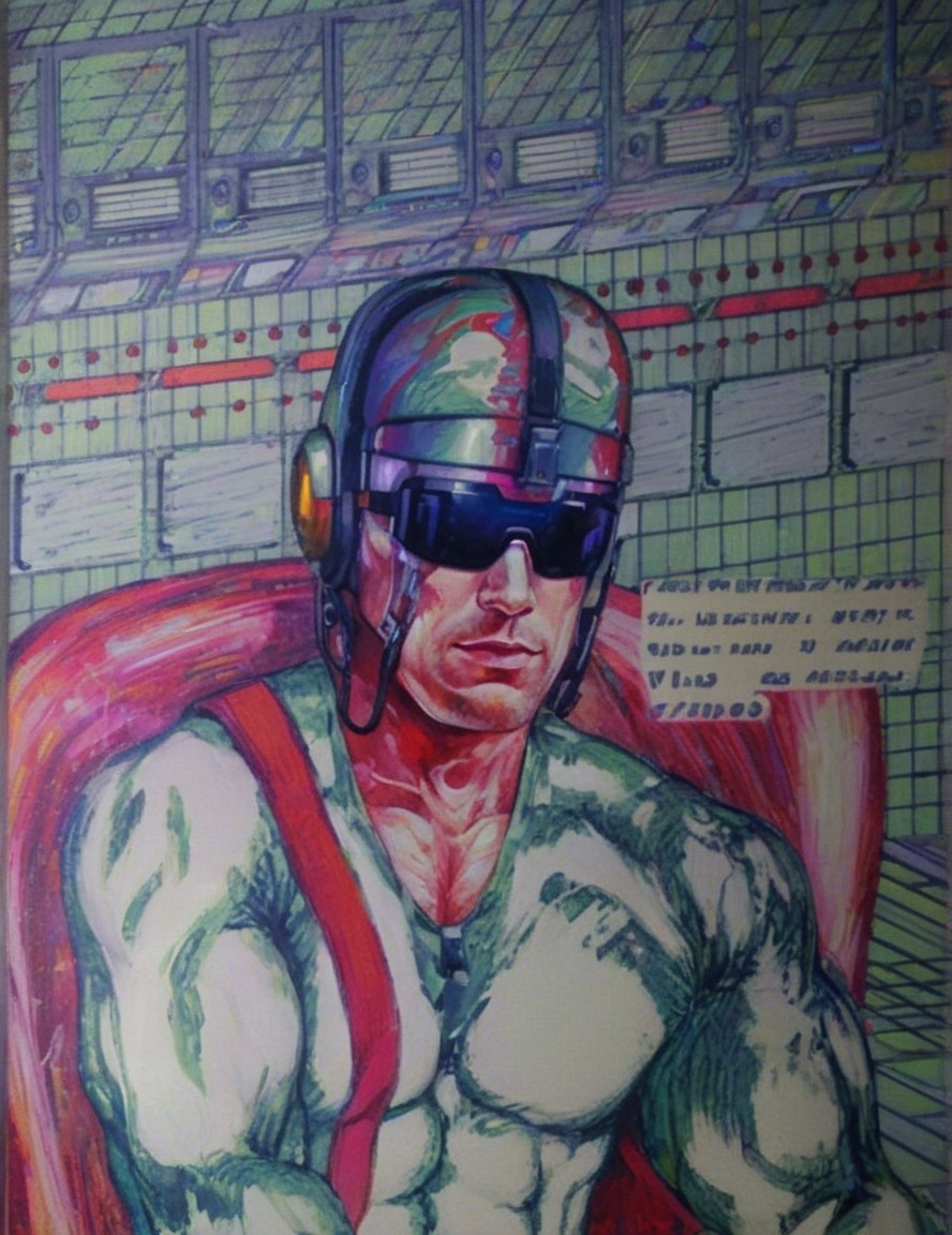 Futuristic muscular character in high-tech environment