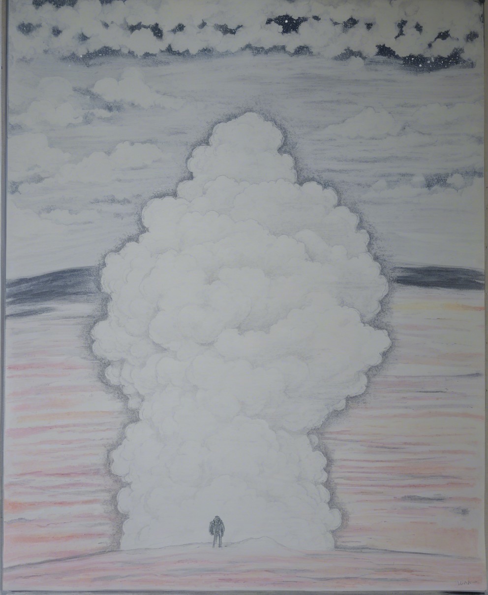 Lone Figure Against Towering White Clouds in Pastels