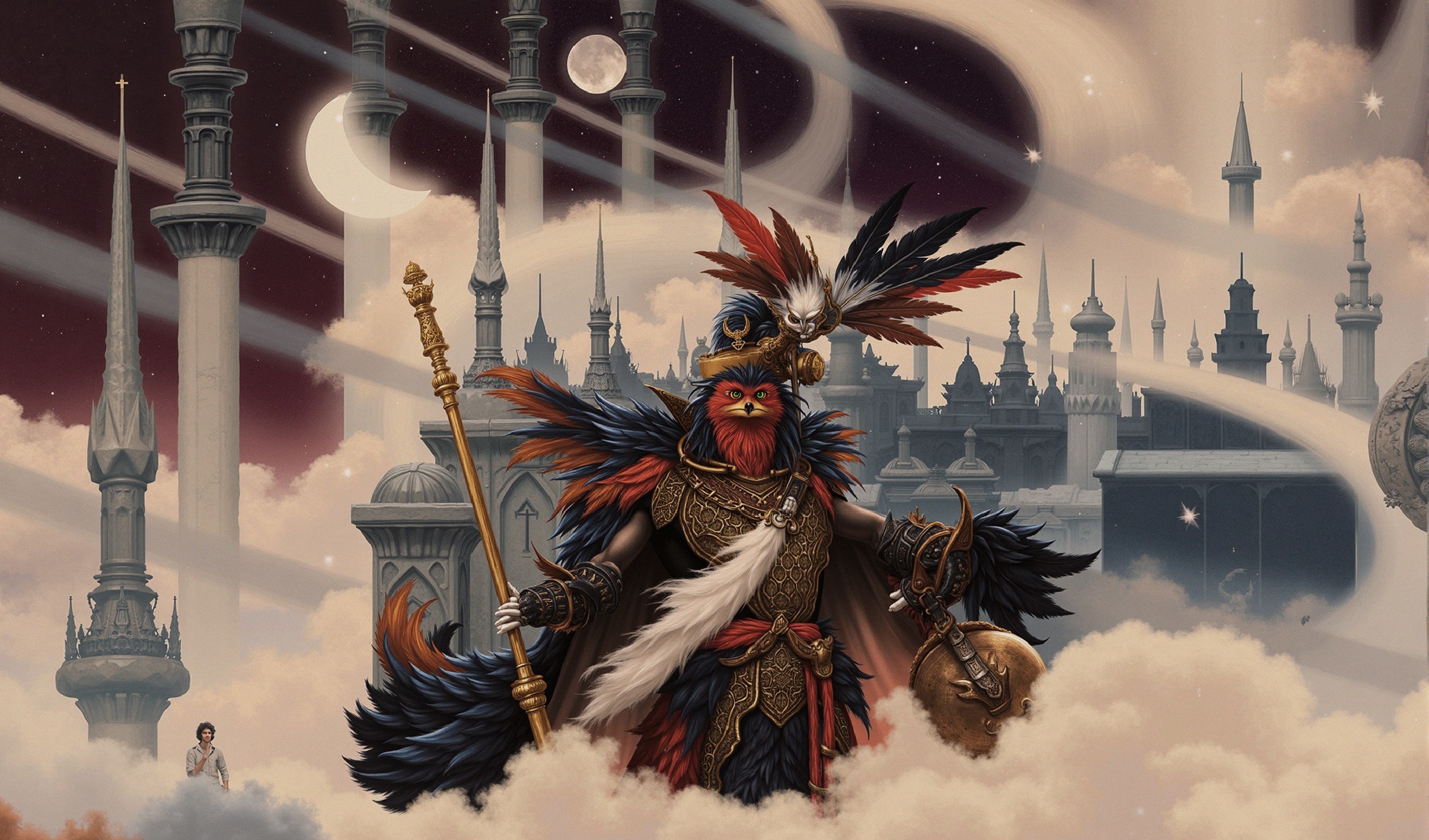 Majestic Bird Figure in Fantastical Skyline Scene