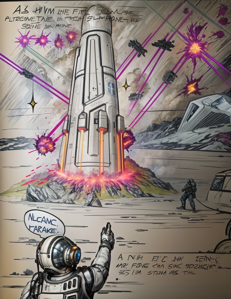 Futuristic astronaut scene with rocket launch details