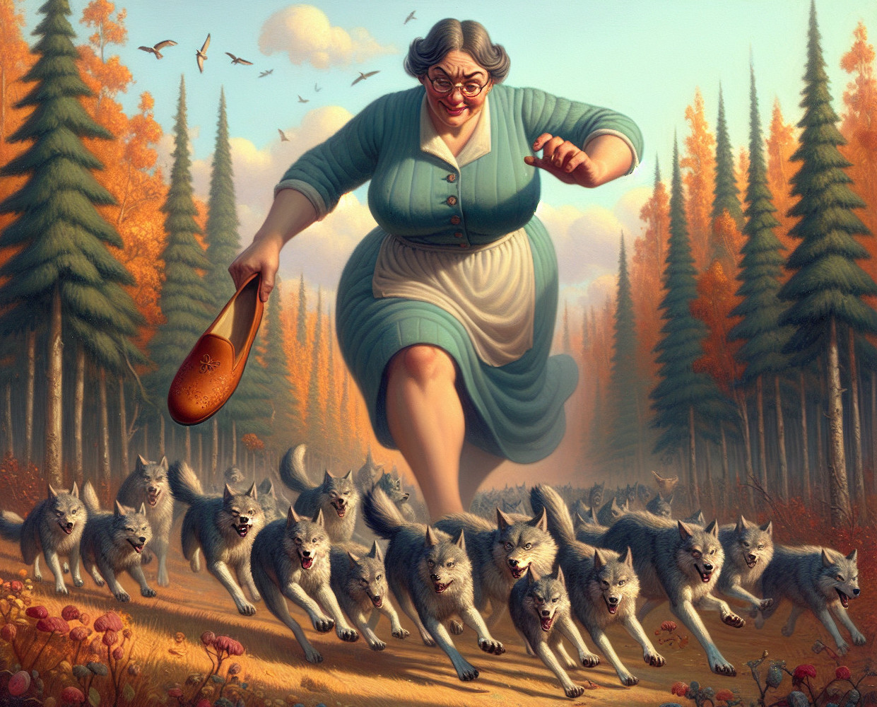Cheerful Woman in Vintage Dress Chasing Wolves in Forest