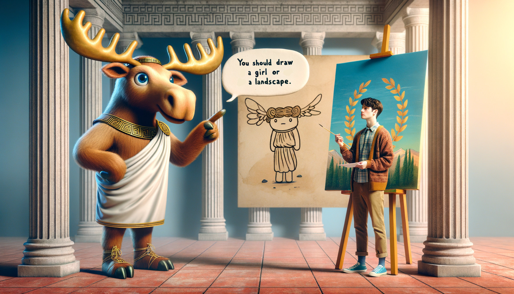 Cartoon Moose in Toga Advises Young Artist at Easel