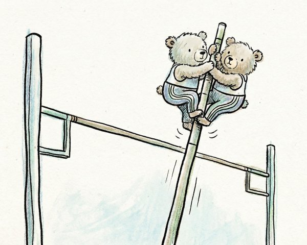 Bears in Striped Attire Engaged in Pole Vaulting