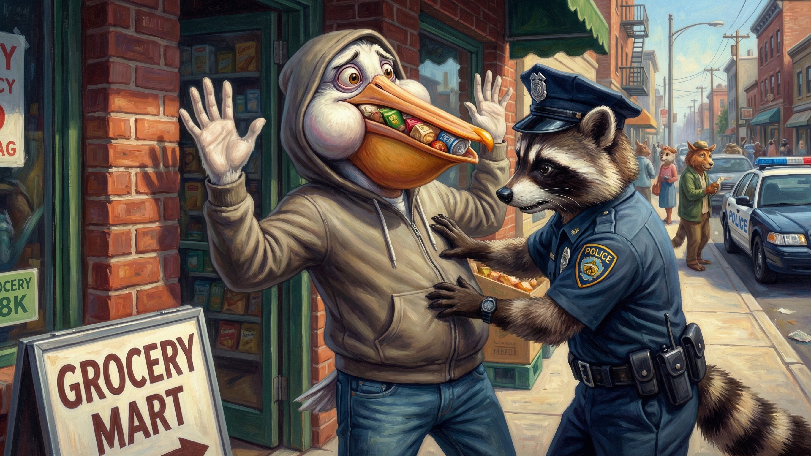 Animals in Human Roles in a Busy Urban Scene