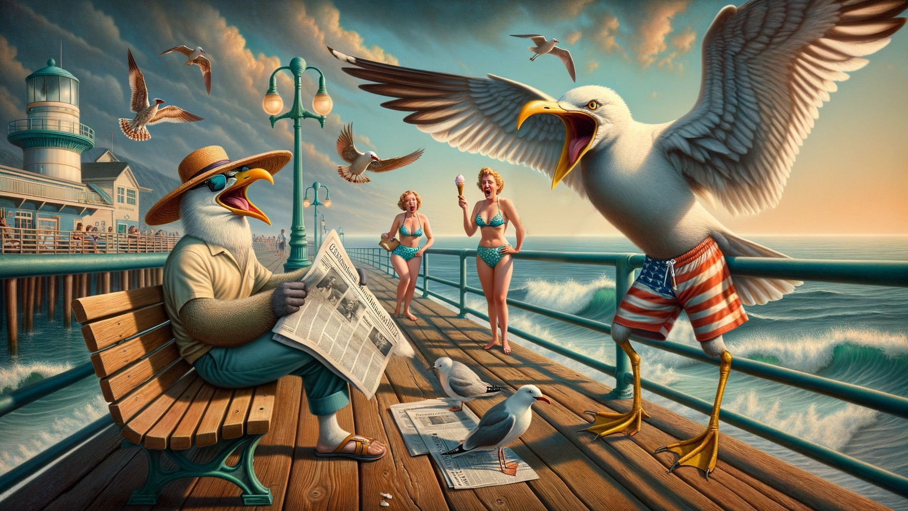 Whimsical Seaside Scene with Seagulls and Sunbathers