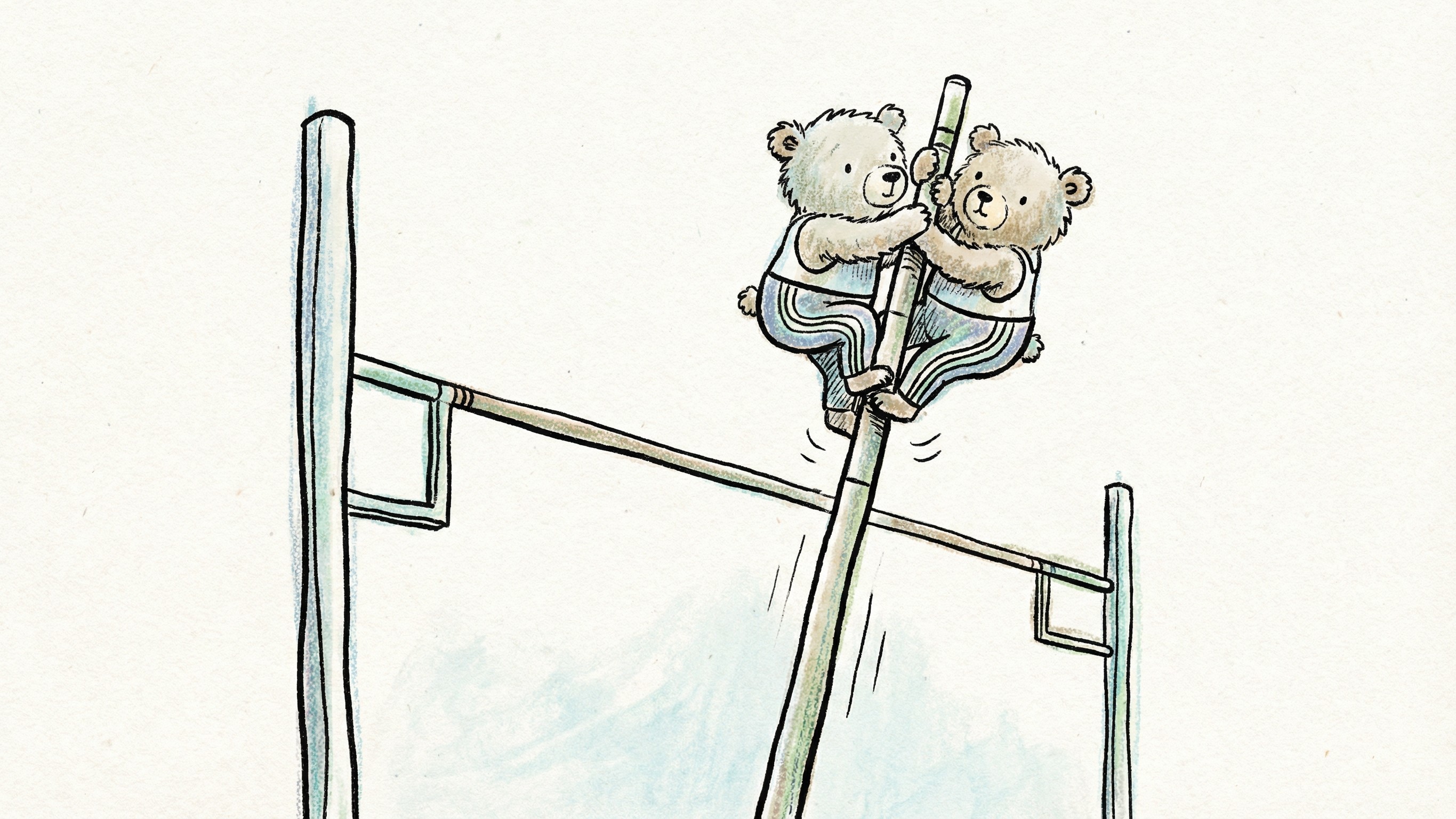 Bears in Striped Attire Engaged in Pole Vaulting