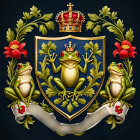 Heraldic Shield with Frogs and Royal Crown Design
