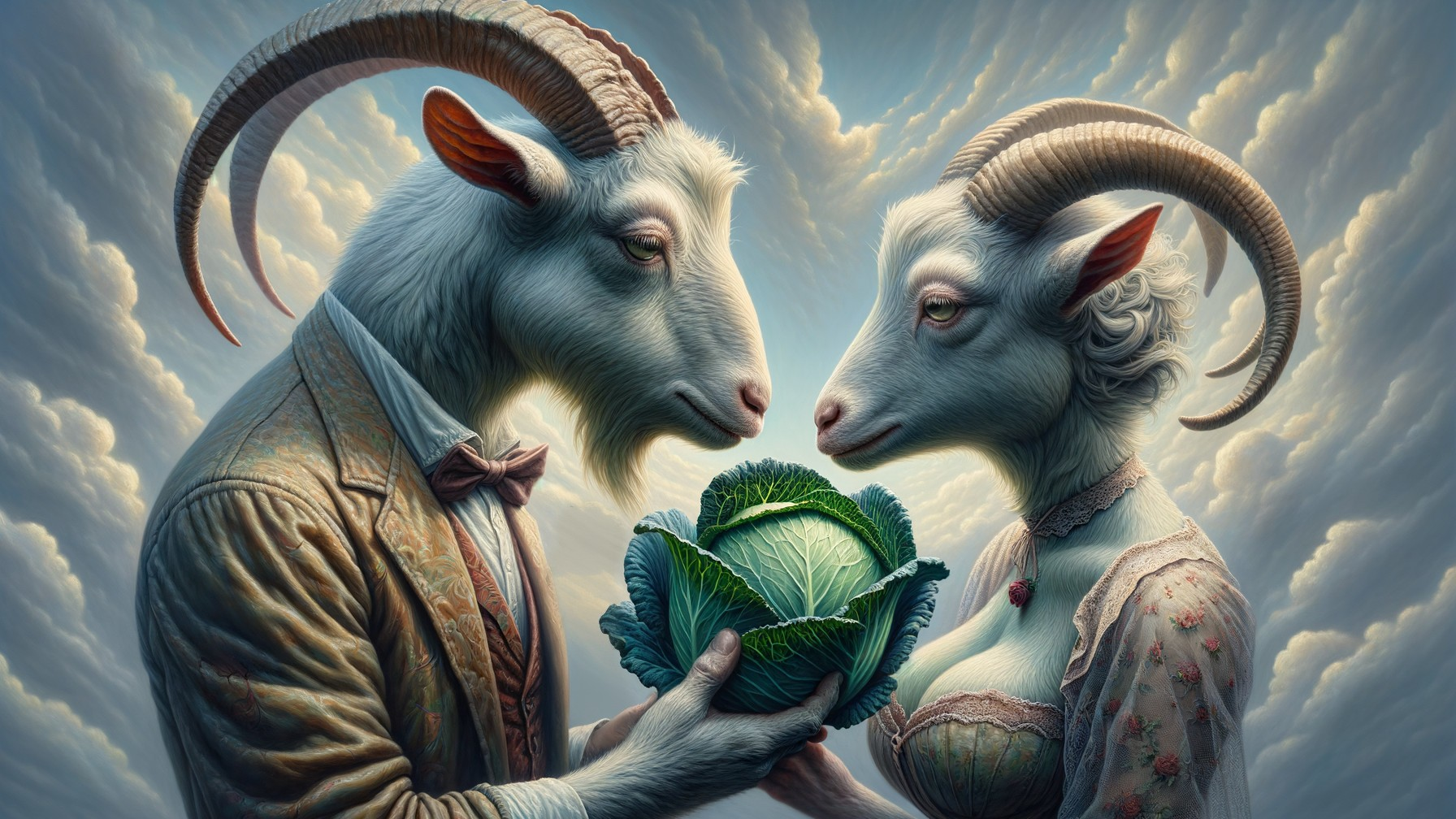 Anthropomorphic goats in Victorian attire with cabbage