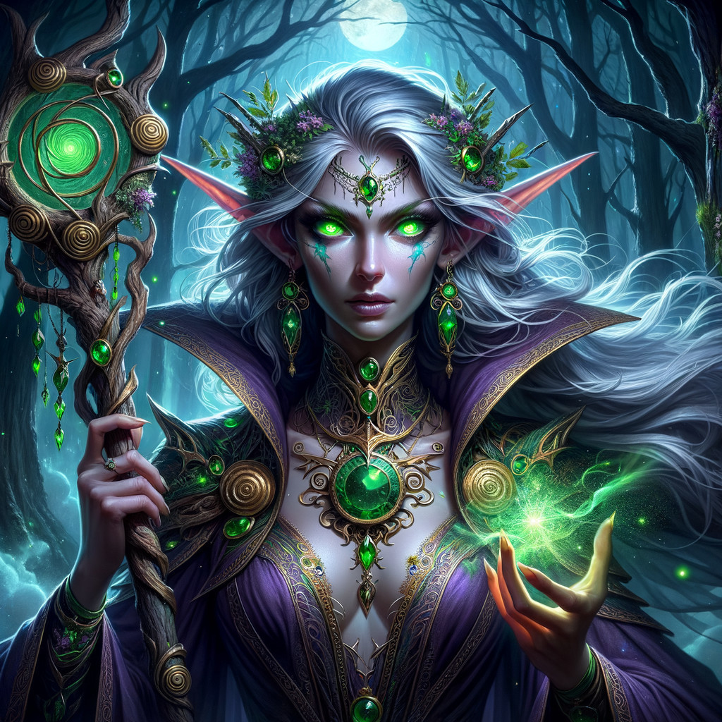 Mystical Elf in Enchanting Forest Under Moonlight