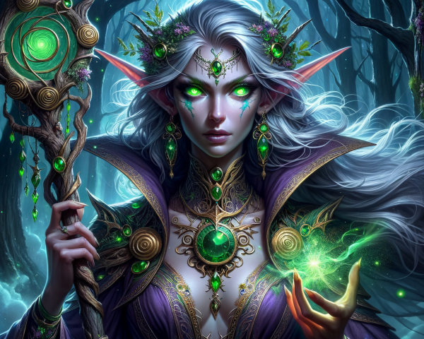 Mystical Elf in Enchanting Forest Under Moonlight