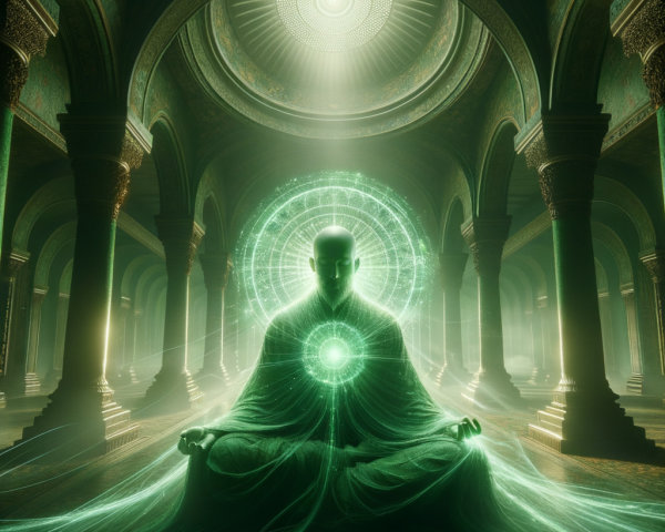 Meditation in a Mystical Temple with Green Energy