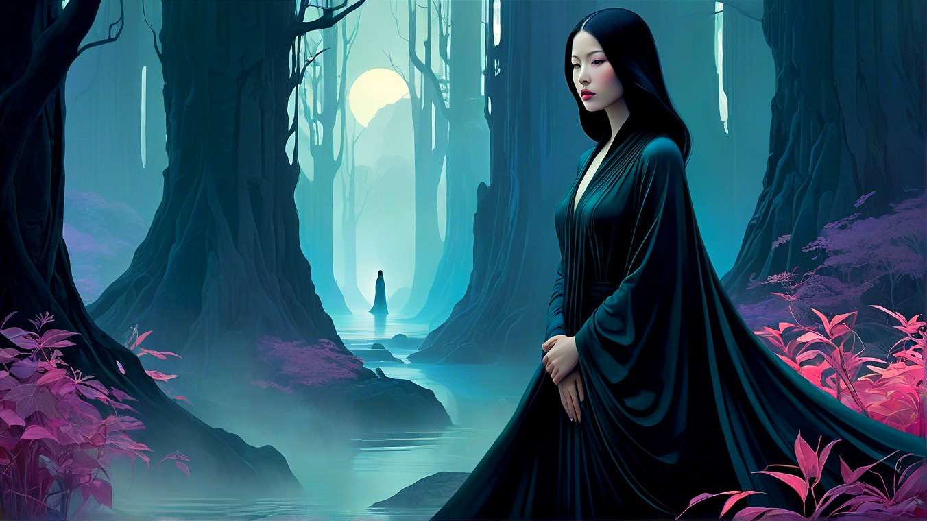 Mystical Forest Scene with Serene Figure by Stream