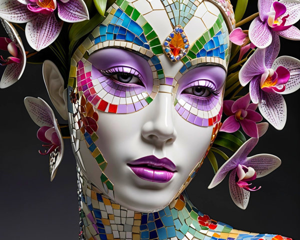 Mosaic Patterned Female Figure with Orchids in Hair