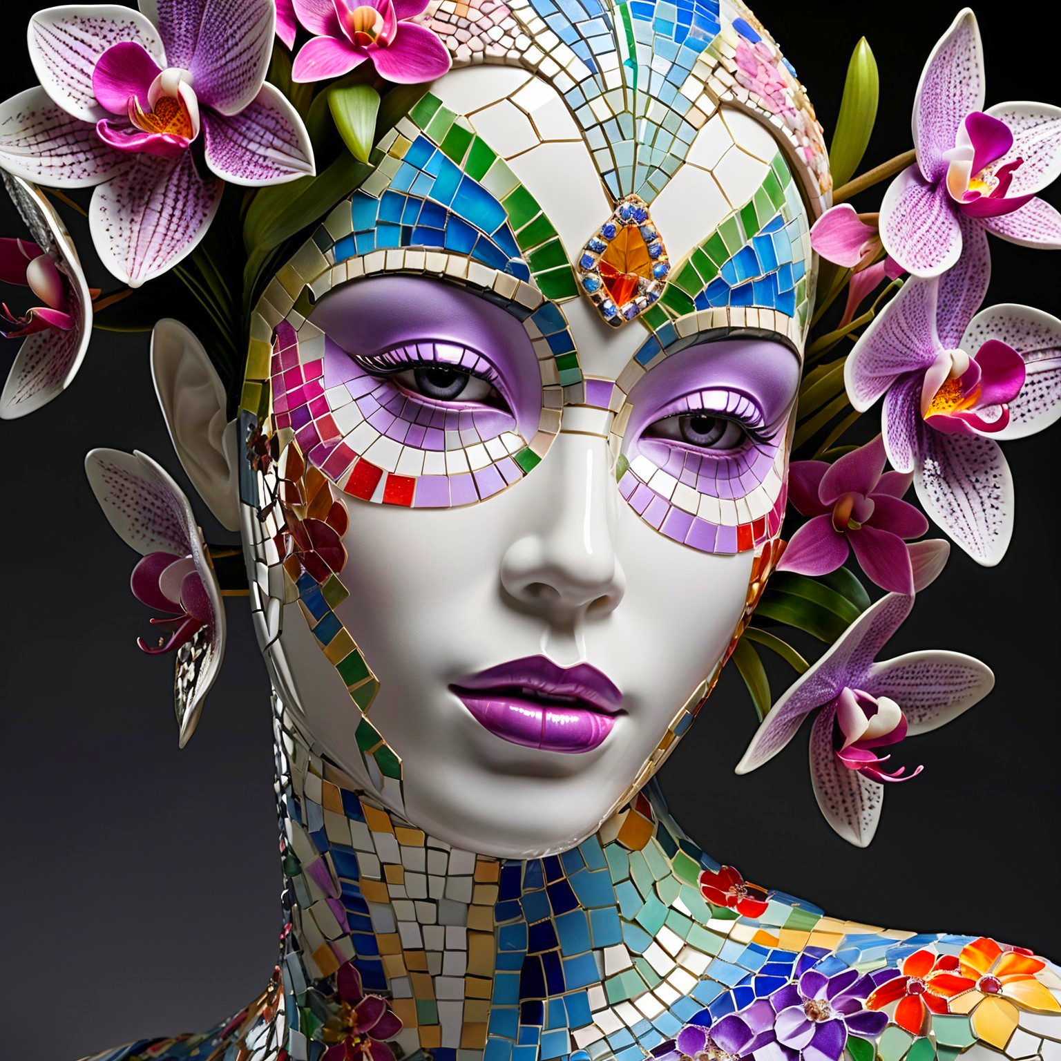 Mosaic Patterned Female Figure with Orchids in Hair