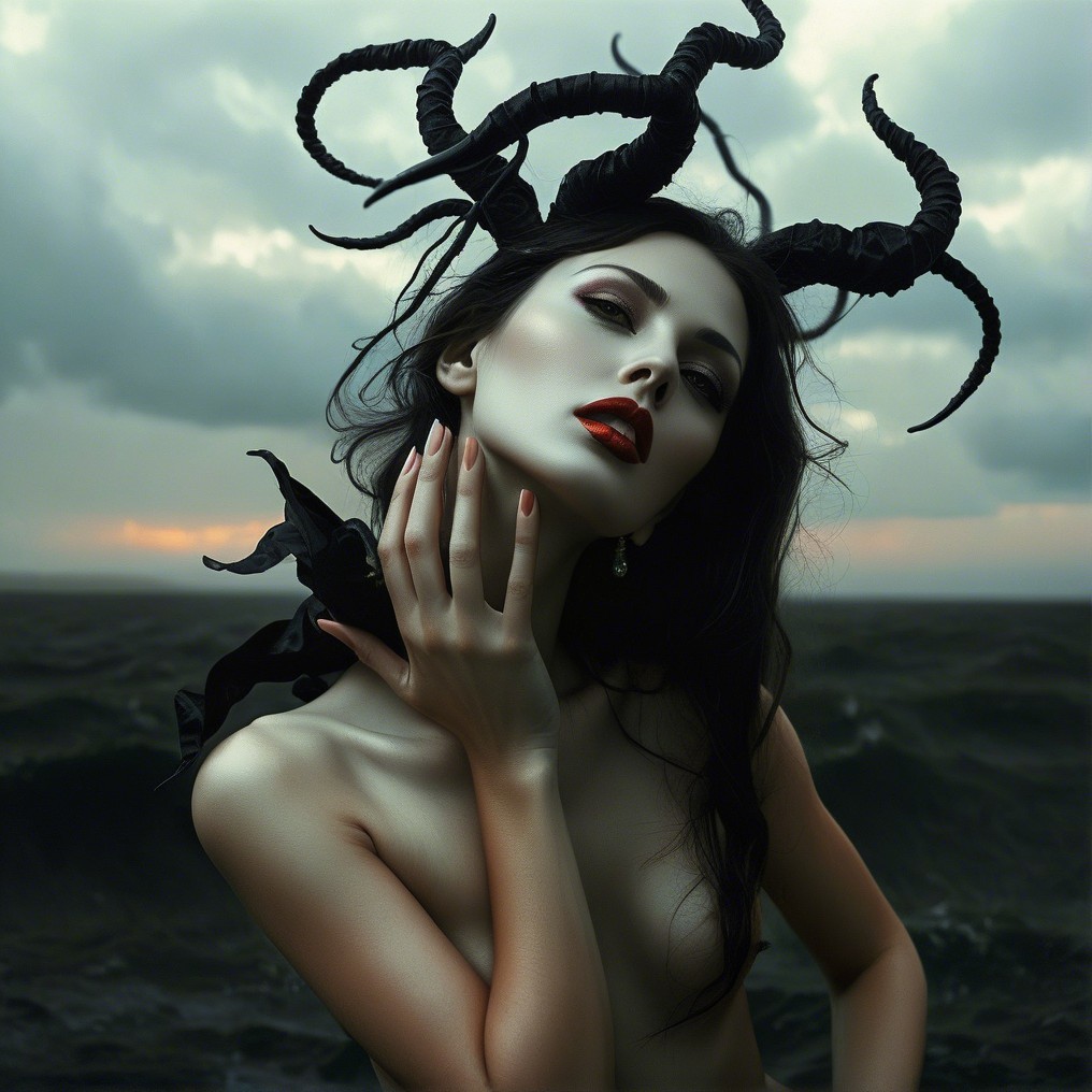 Dramatic Figure with Horns Amidst Stormy Waves