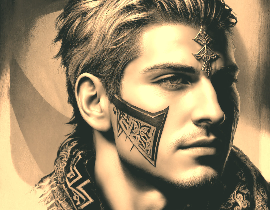 Striking Male Figure with Tribal Tattoos and Ornate Clothing