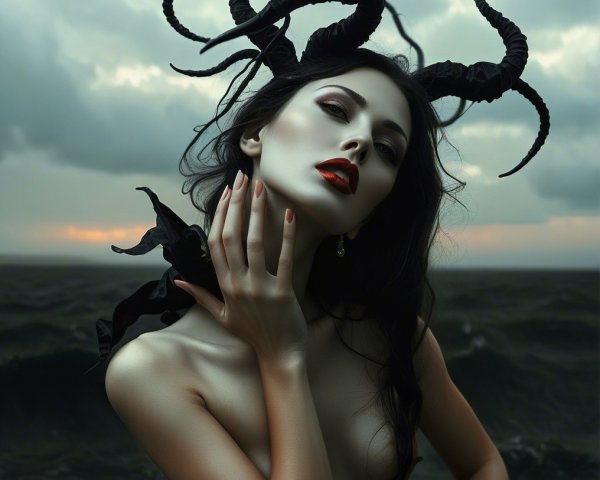 Dramatic Figure with Horns Amidst Stormy Waves