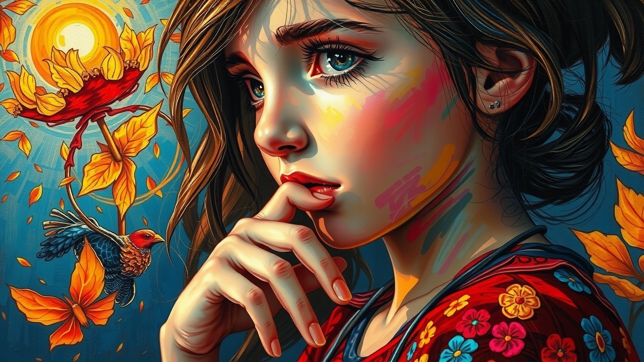 Young girl in red dress surrounded by autumn leaves