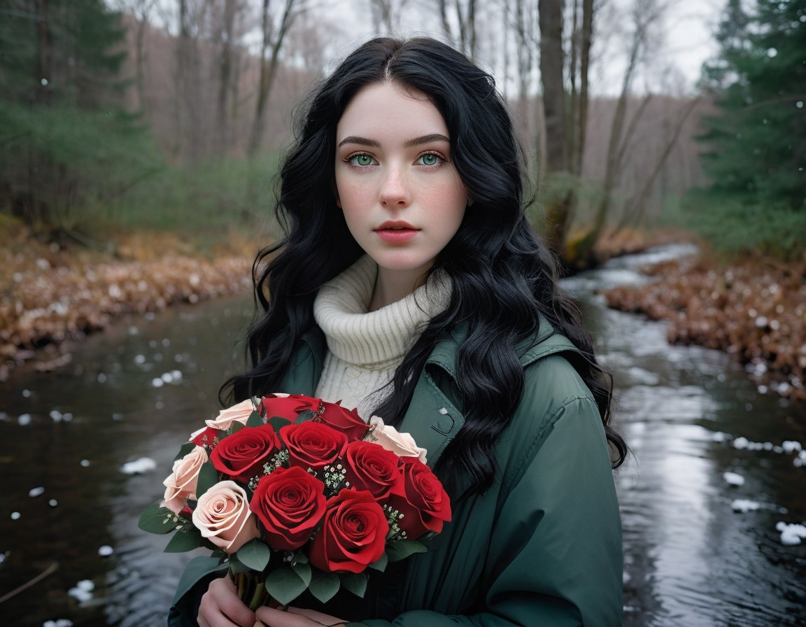 Young Woman with Roses by a Serene Spring Stream