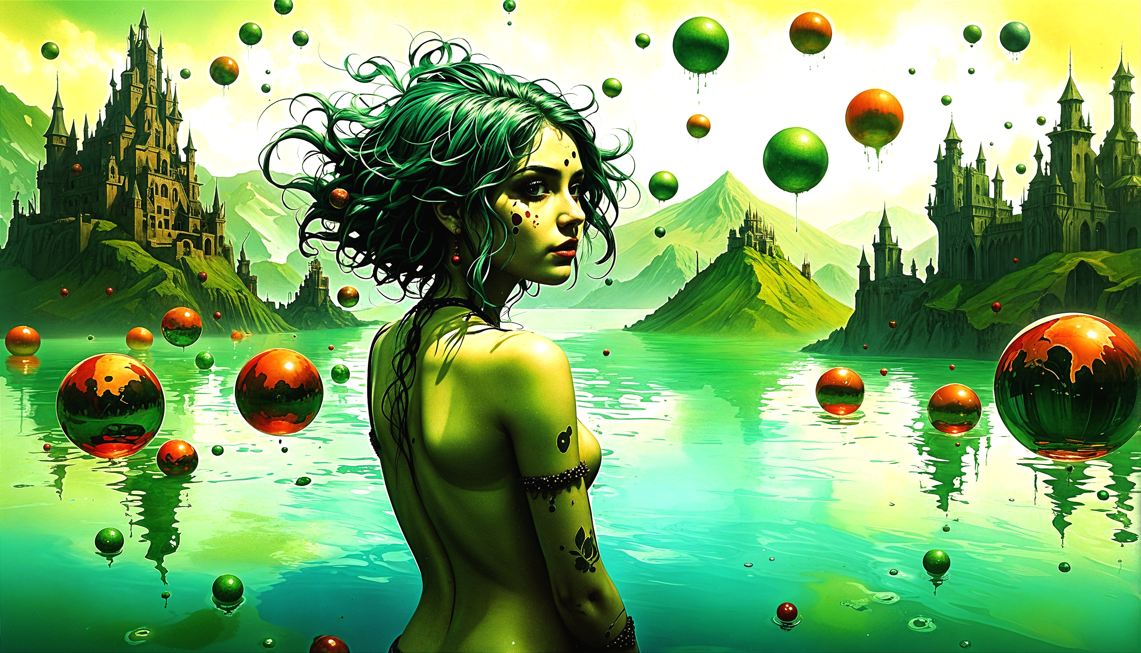 Mystical Scene of a Woman with Green Hair and Castles