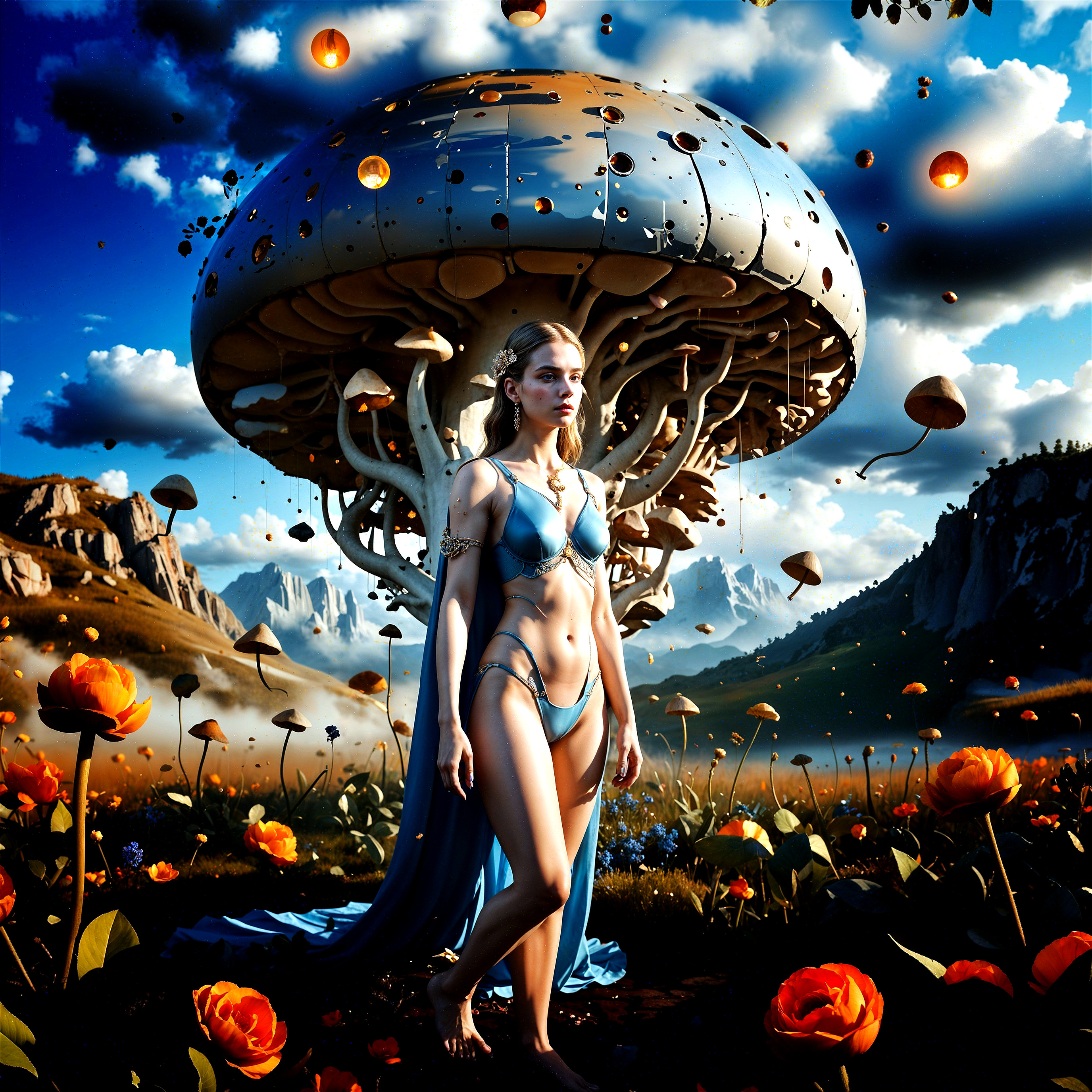 Surreal Landscape with Woman and Metallic Mushroom