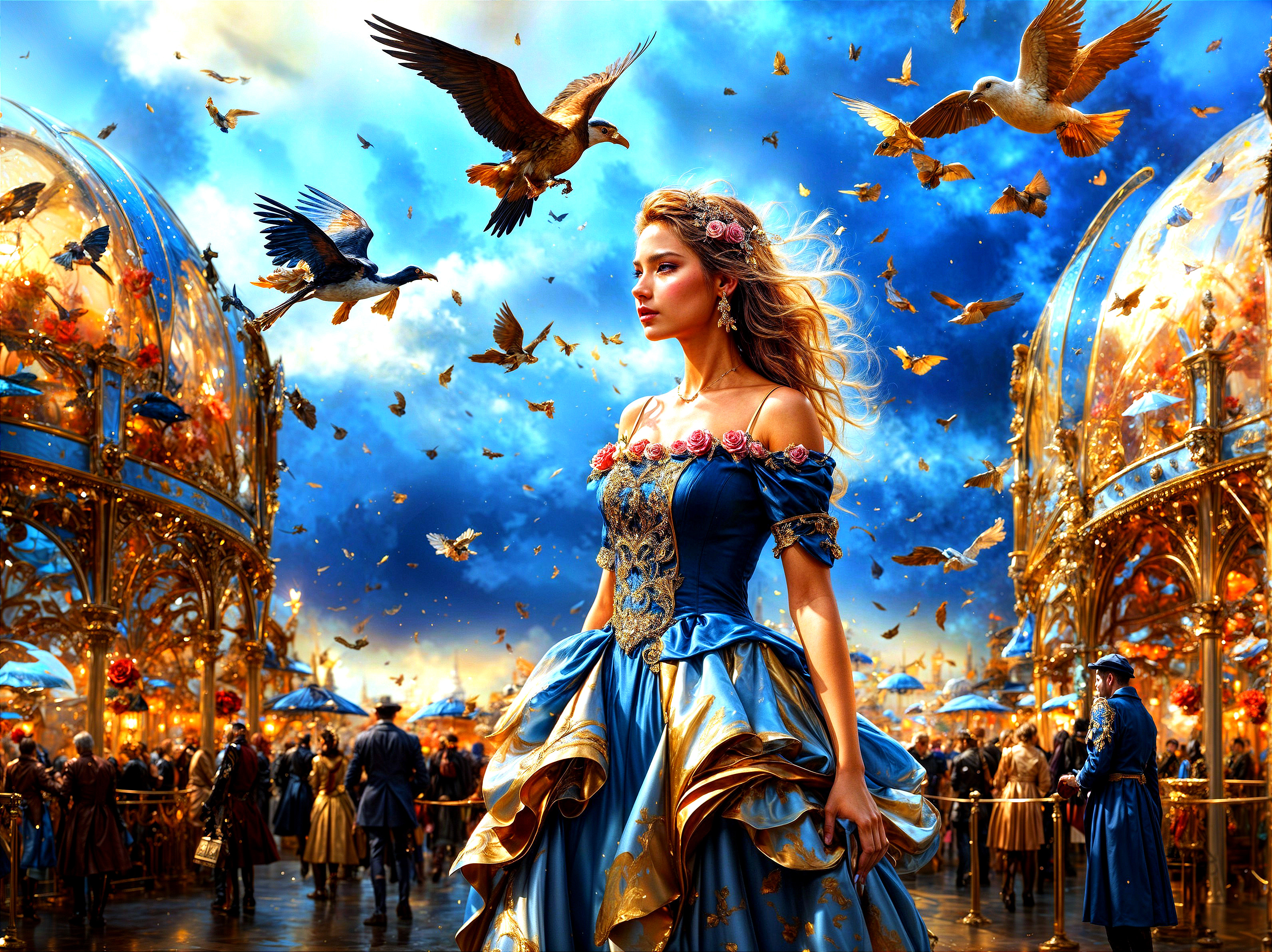 Young woman in blue gown amidst vibrant fantasy scene