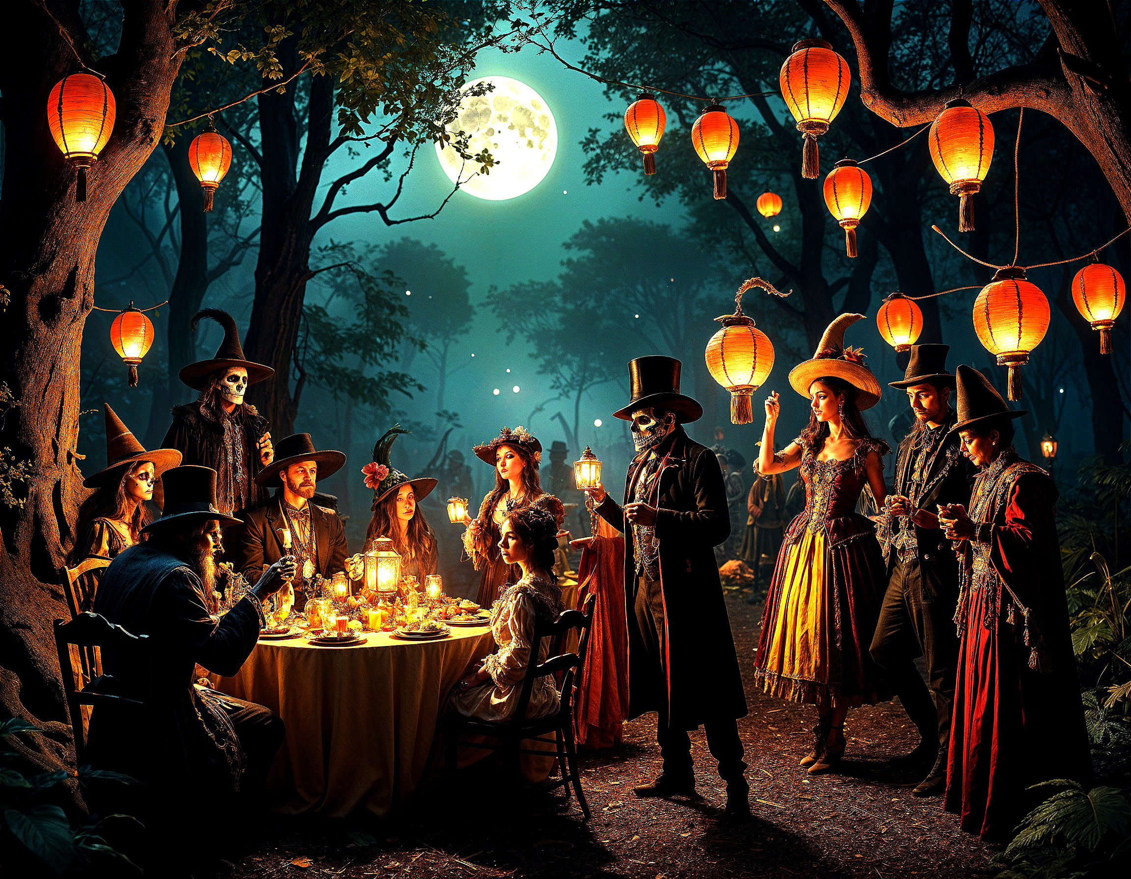 Elegant Gathering in a Mystical Moonlit Forest