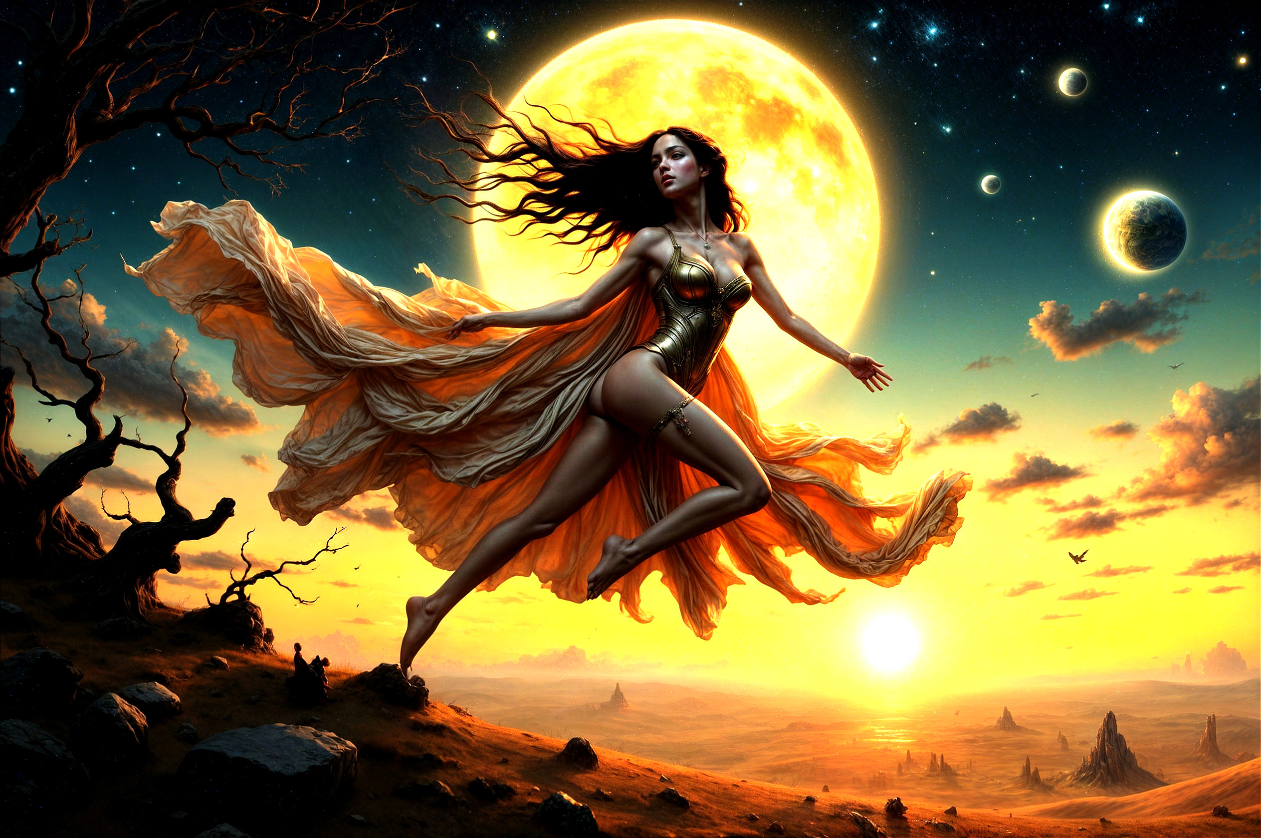 Mystical Figure Against Cosmic Backdrop with Moon