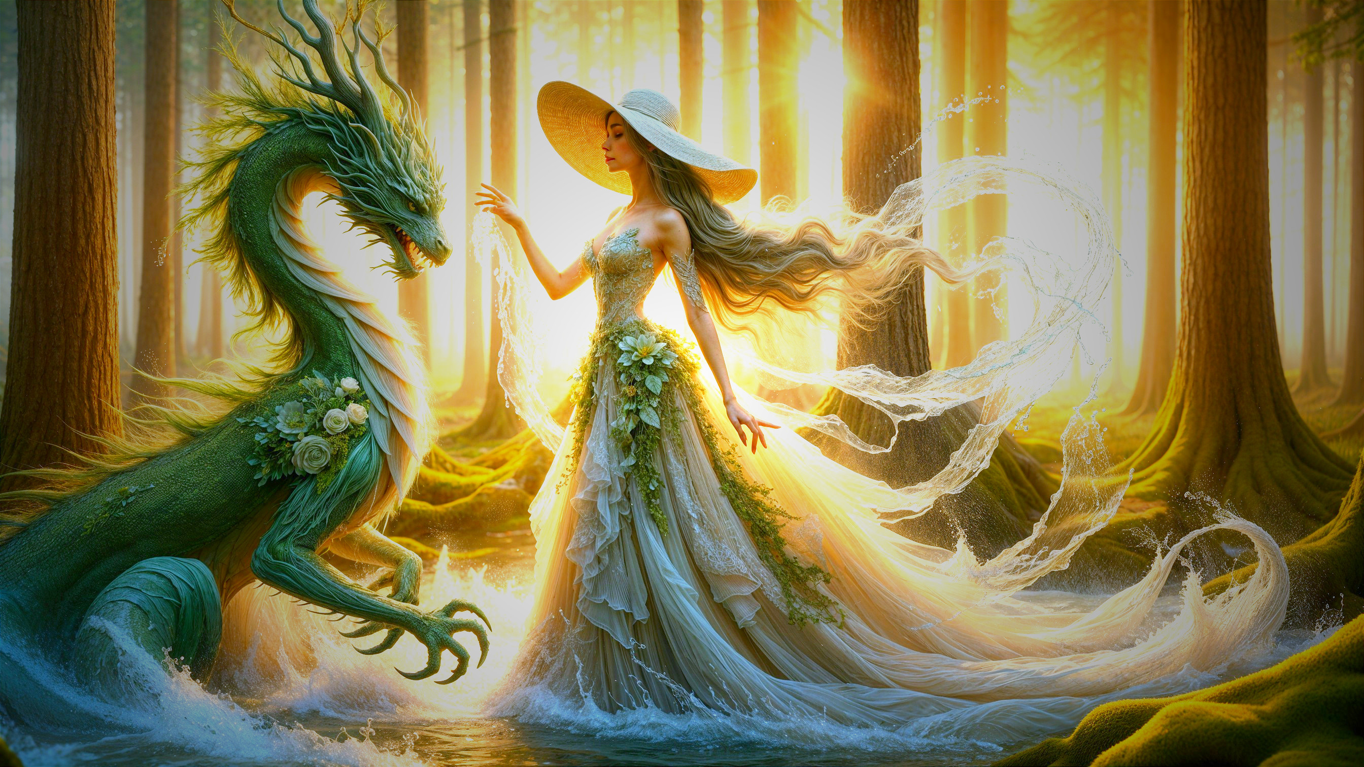 Serene Woman and Majestic Dragon in Sunlit Forest