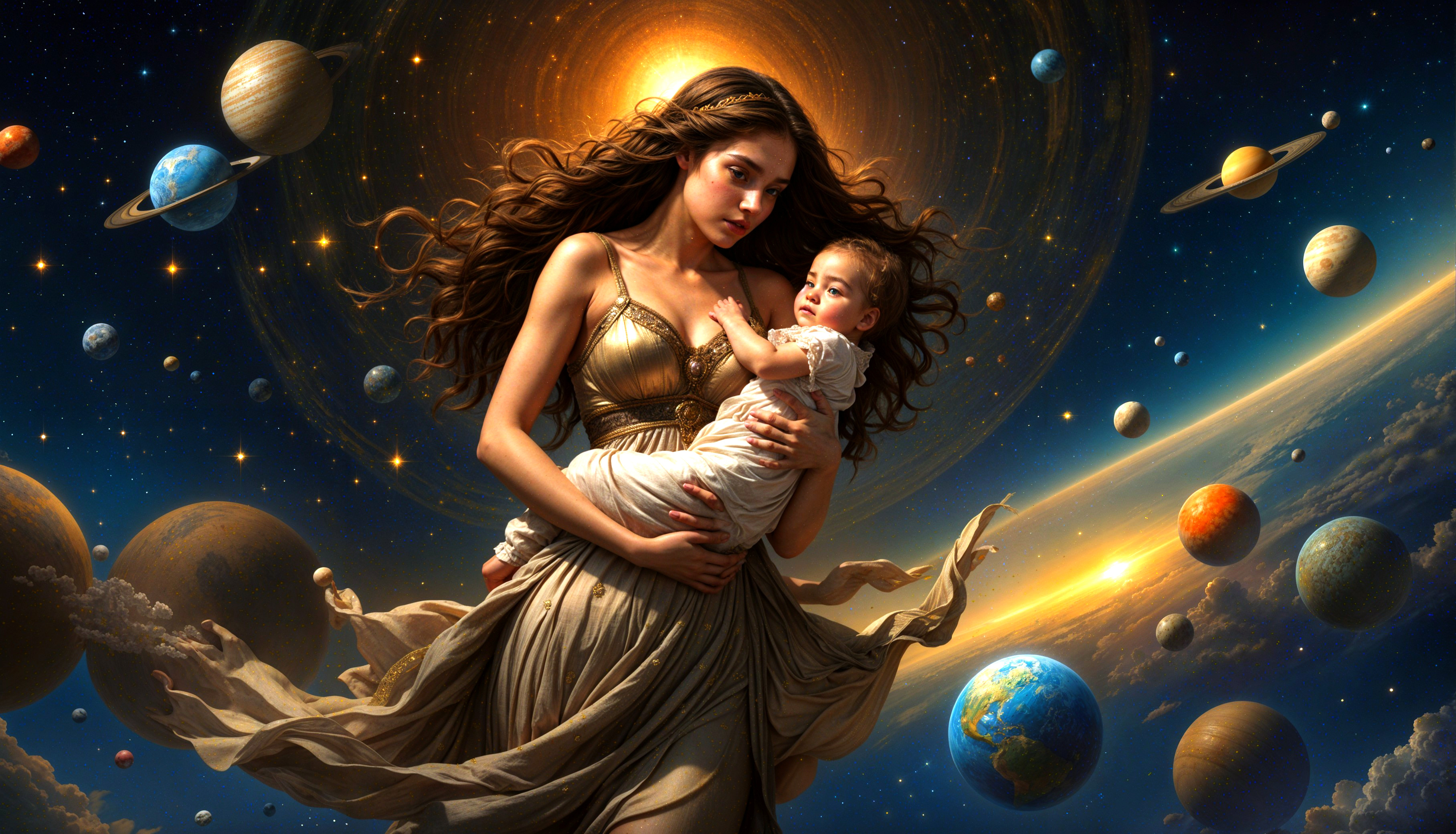 Celestial Scene of a Woman Nurturing a Baby