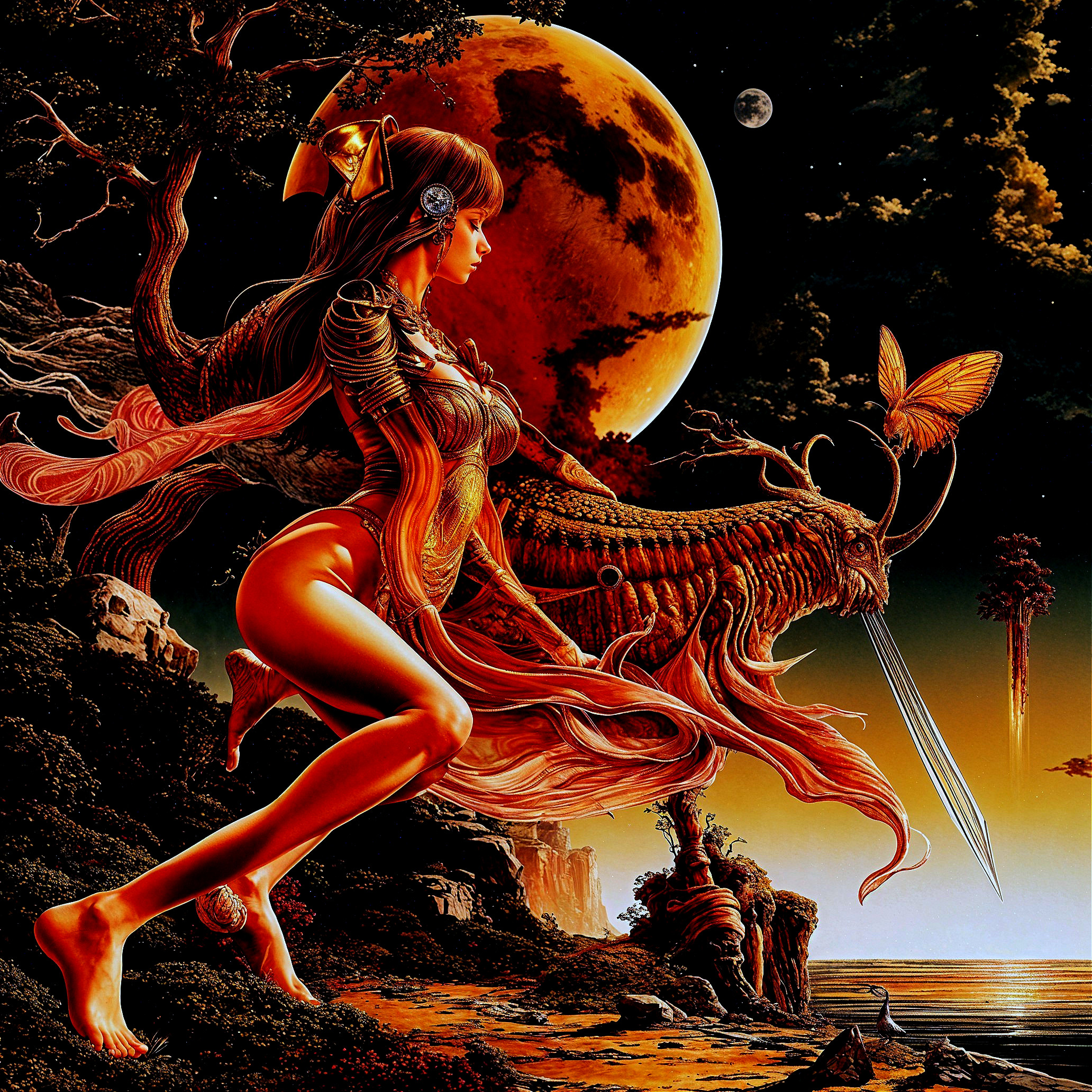 Surreal Scene of Woman with Metallic Adornments and Moon