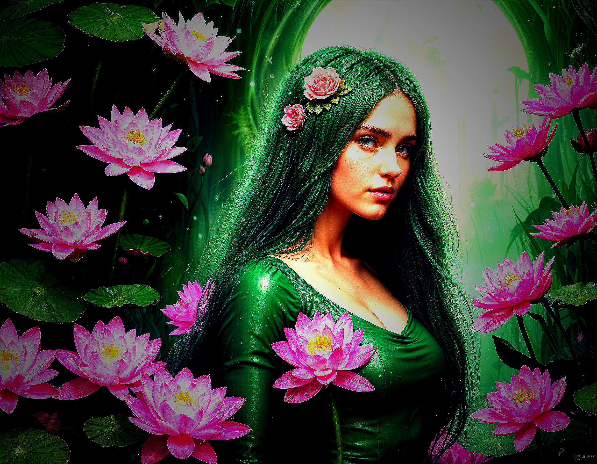Young Woman Surrounded by Lotus Flowers and Greenery