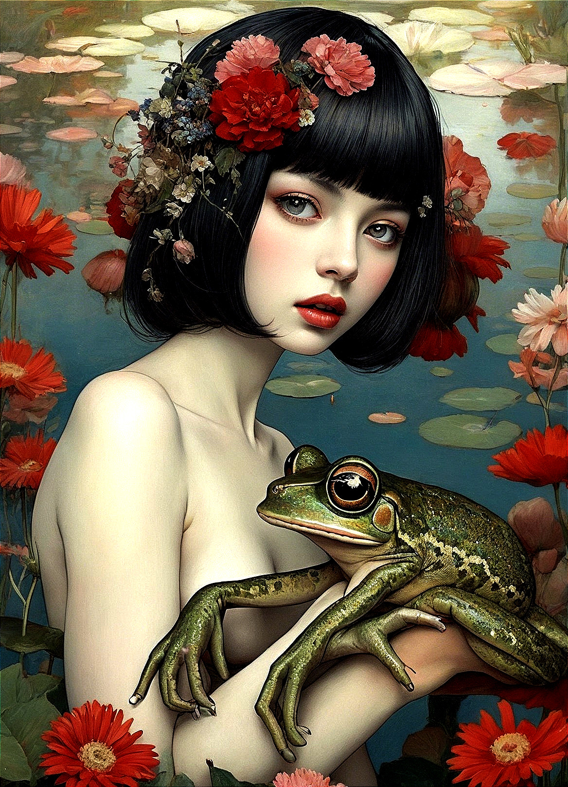 Young Woman with Frog Surrounded by Water Lilies