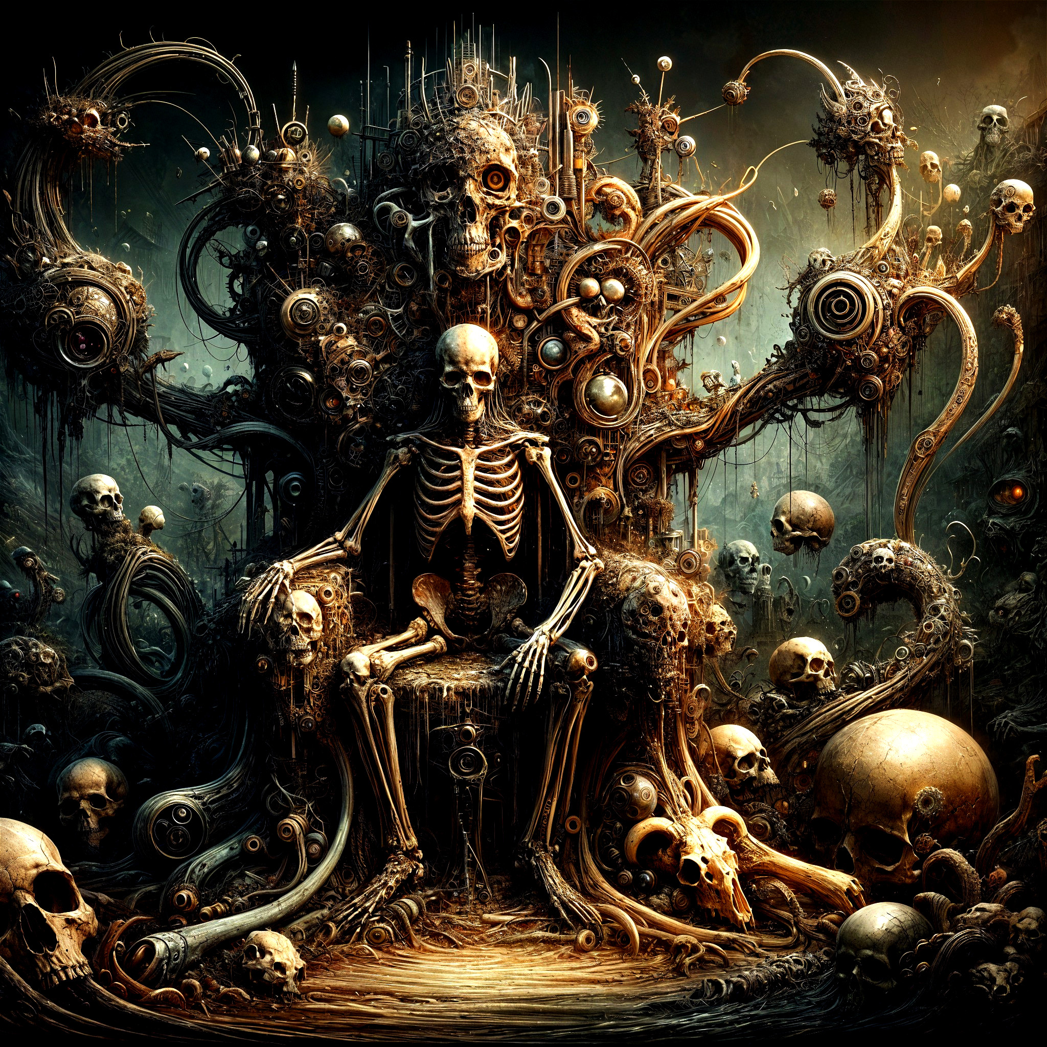 Skeletal Figure on Ornate Throne in Chaotic Setting