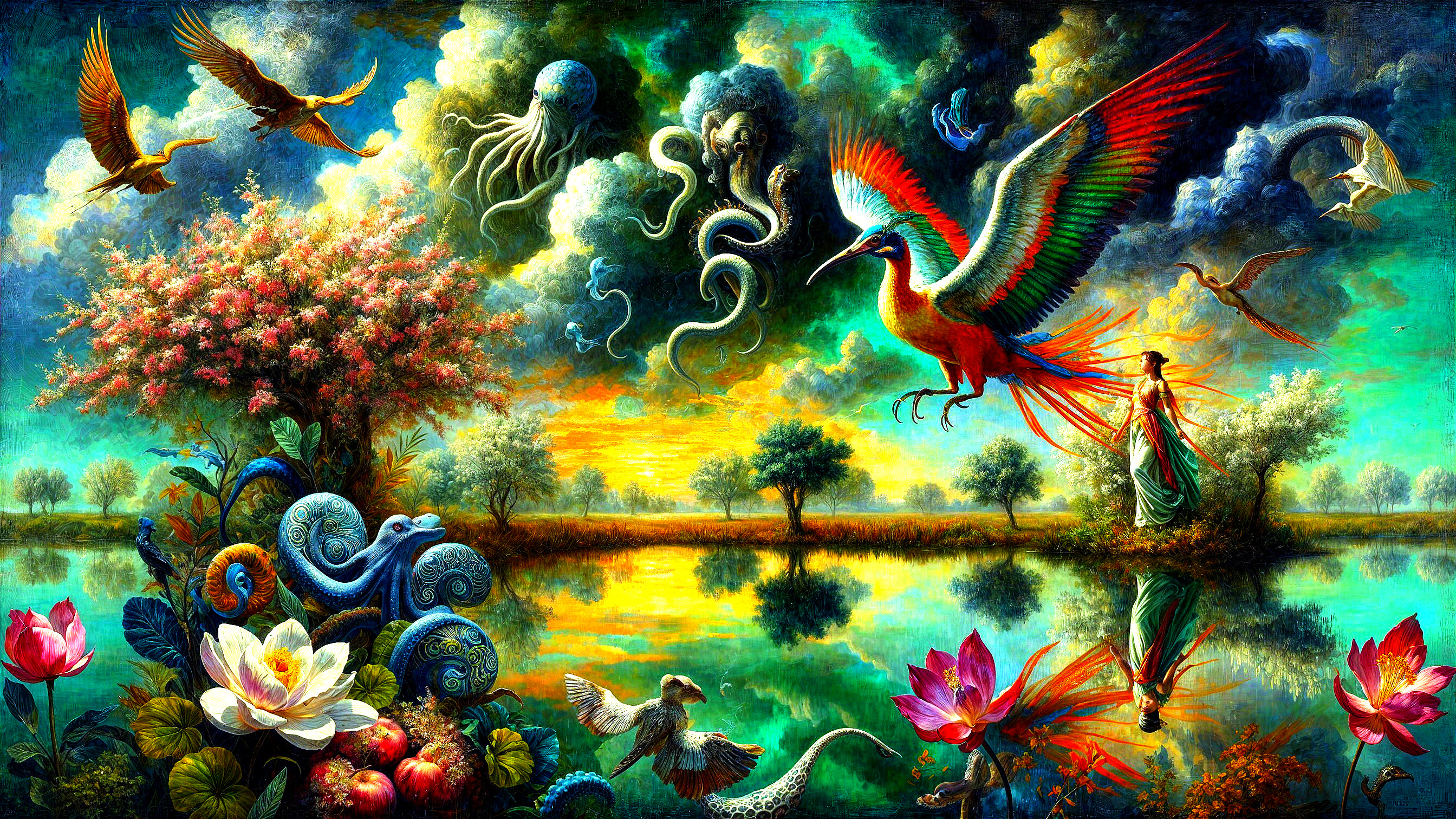 Surreal Landscape with Phoenix and Exotic Wildlife
