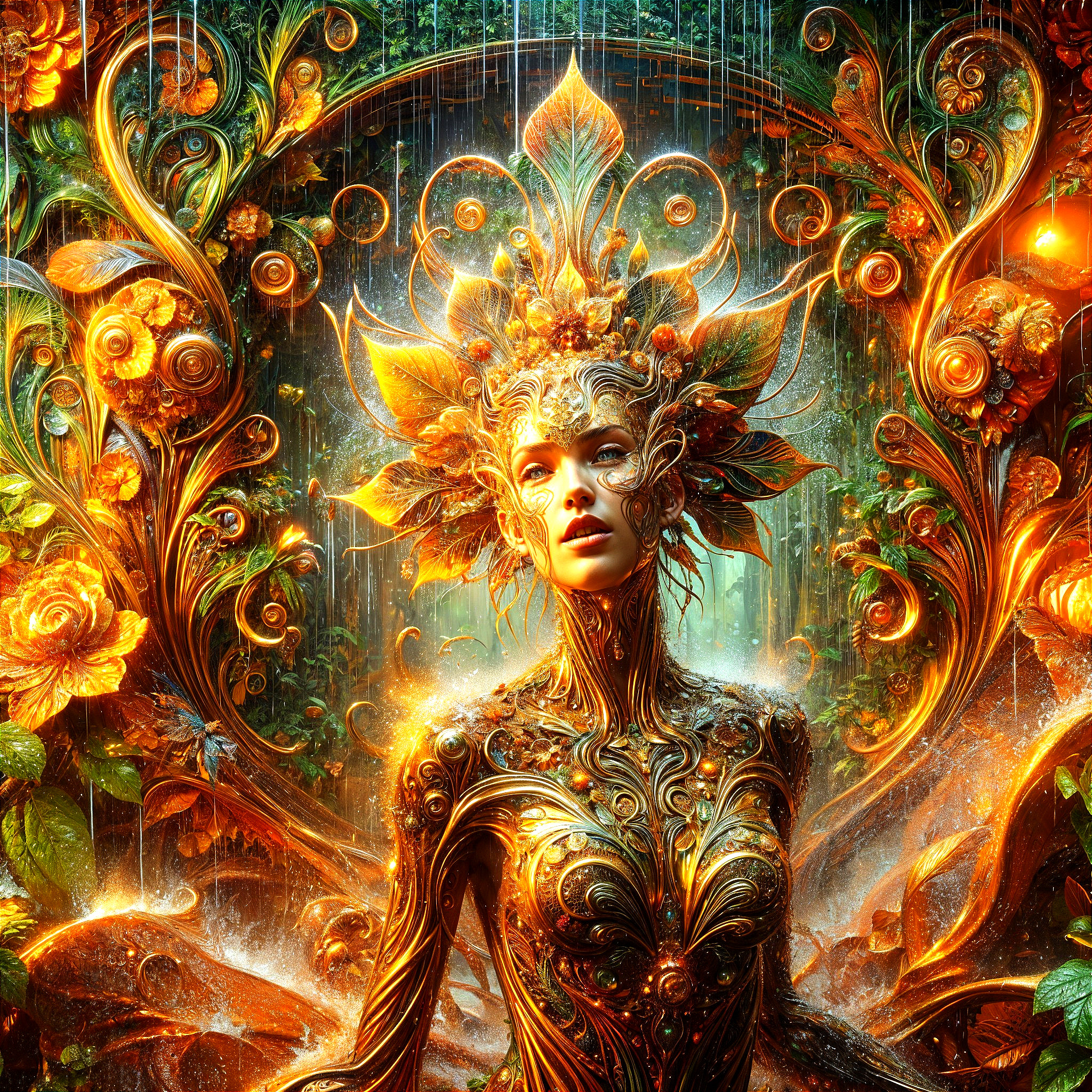 Fantastical Figure with Floral Patterns and Gold Hues